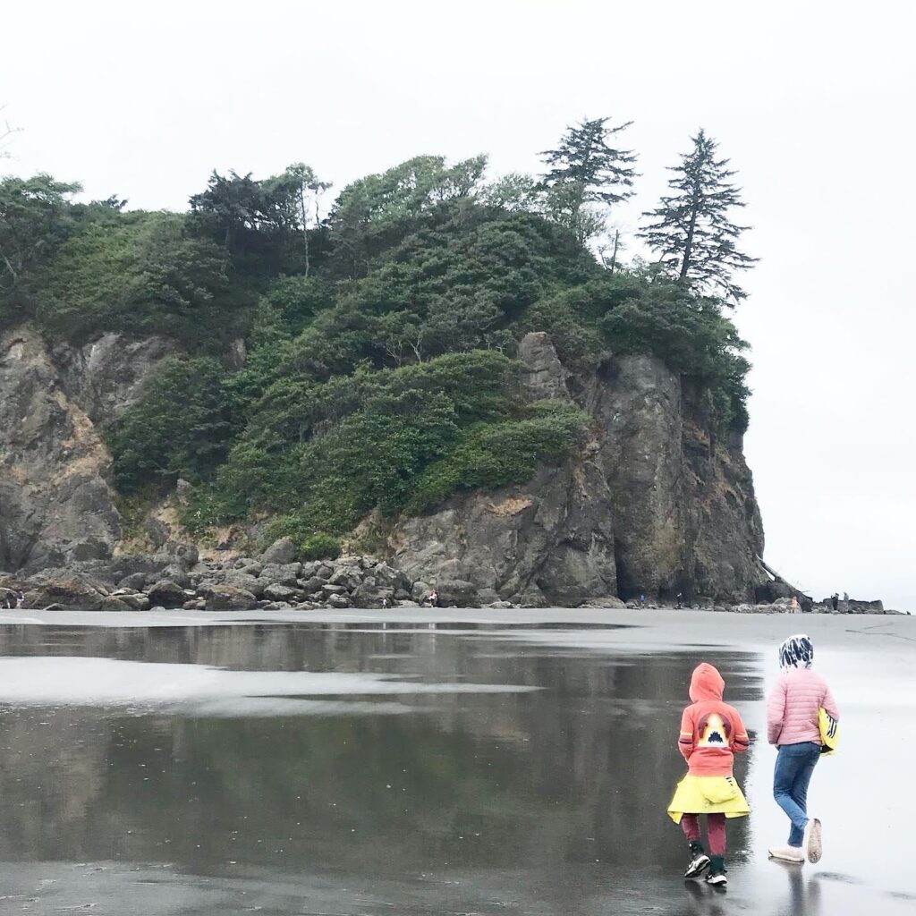 Two kids on wet Oregon beach walking away from the camera toward a small cliff with covered with pine trees.