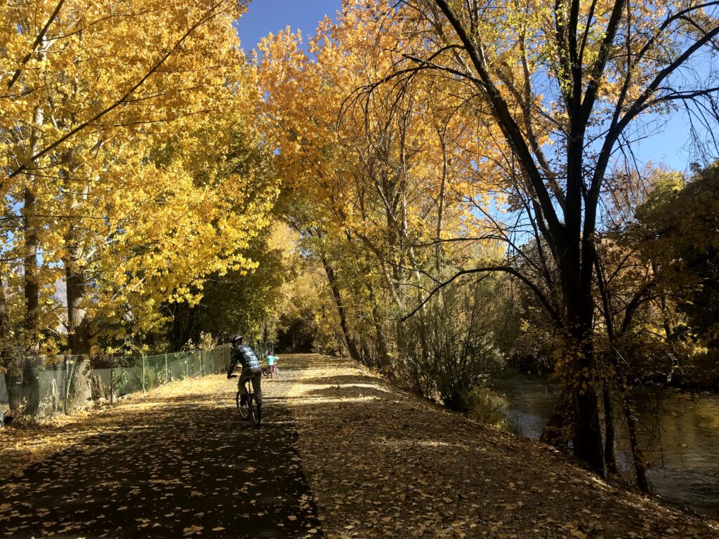 Brilliant Utah fall colors along the Provo River Parkway trail.