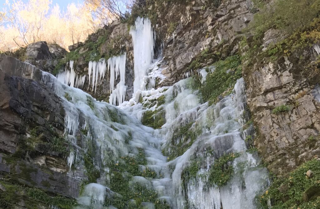 A view of a frozen Scout Falls.