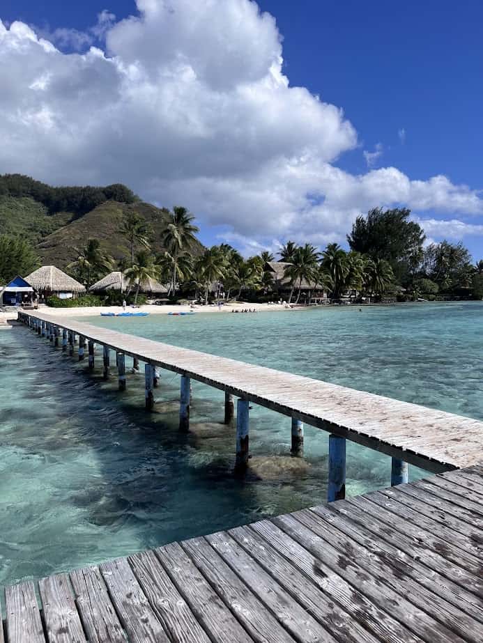 A dock over clear blue water leading to a beach in Moorea.