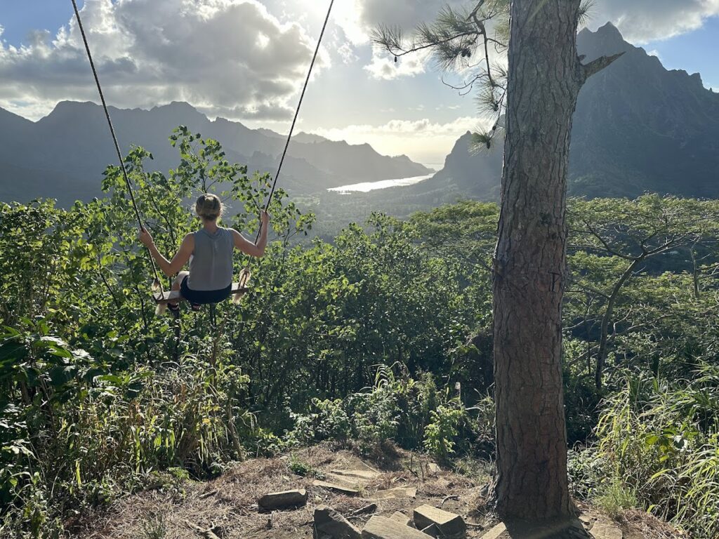 A woman on a swing with mountains and ocean in the distance.